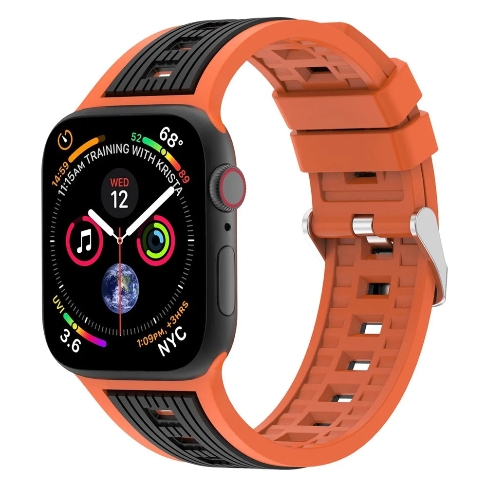 Dual Color Striped Strap for Apple Watch Ultra 3 2 1 49mm  /  Series 11 10 46mm  /  9 8 7 45mm  /  SE3 SE2 SE 6 5 4 44mm Silicone Band - Orange+Black - 2