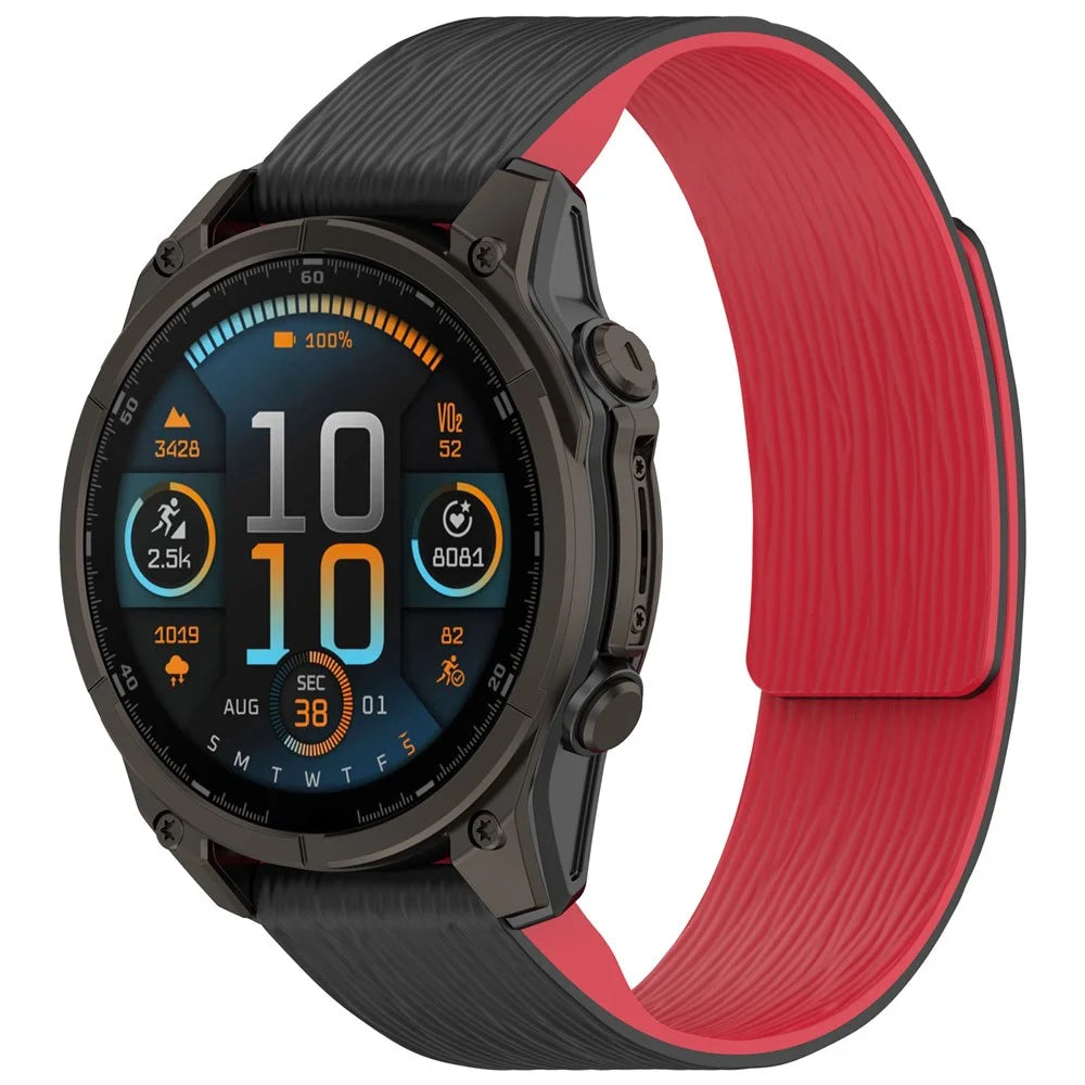 22mm Magnetic Watch Band for Garmin quatix 8 47mm / Tactix 8 47mm / Fenix 8 47mm Quick Release Silicone Strap Stripe Pattern - Black  /  Red - 4