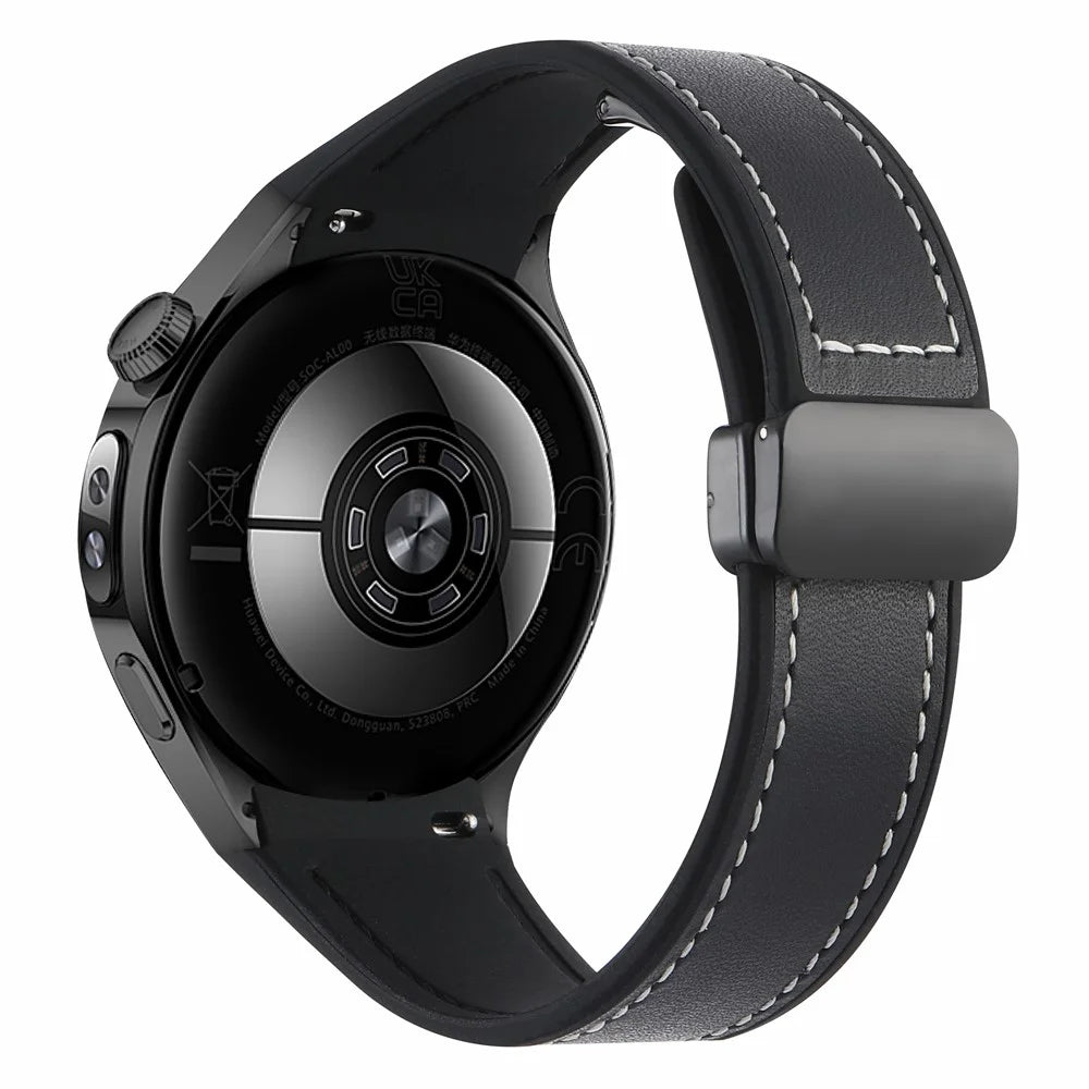For Huawei Watch 5 46mm Silicone + Genuine Leather Strap Magnetic Folding Buckle Watch Band - Black / Nappa / Black - 1