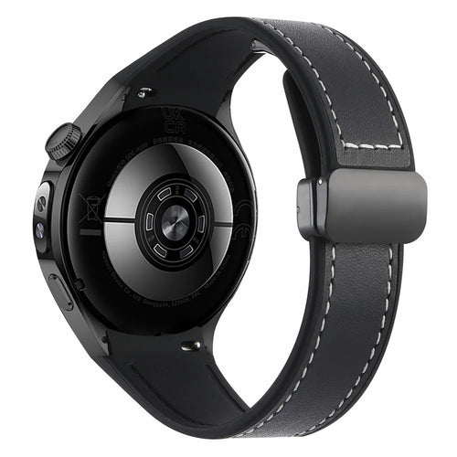 For Huawei Watch 5 46mm Silicone + Genuine Leather Strap Magnetic Folding Buckle Watch Band - Black / Nappa / Black - 1
