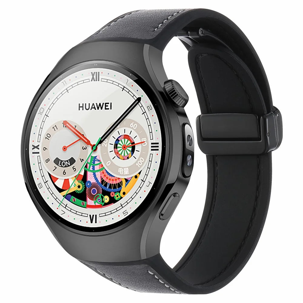 For Huawei Watch 5 46mm Silicone + Genuine Leather Strap Magnetic Folding Buckle Watch Band - Black / Nappa / Black - 2
