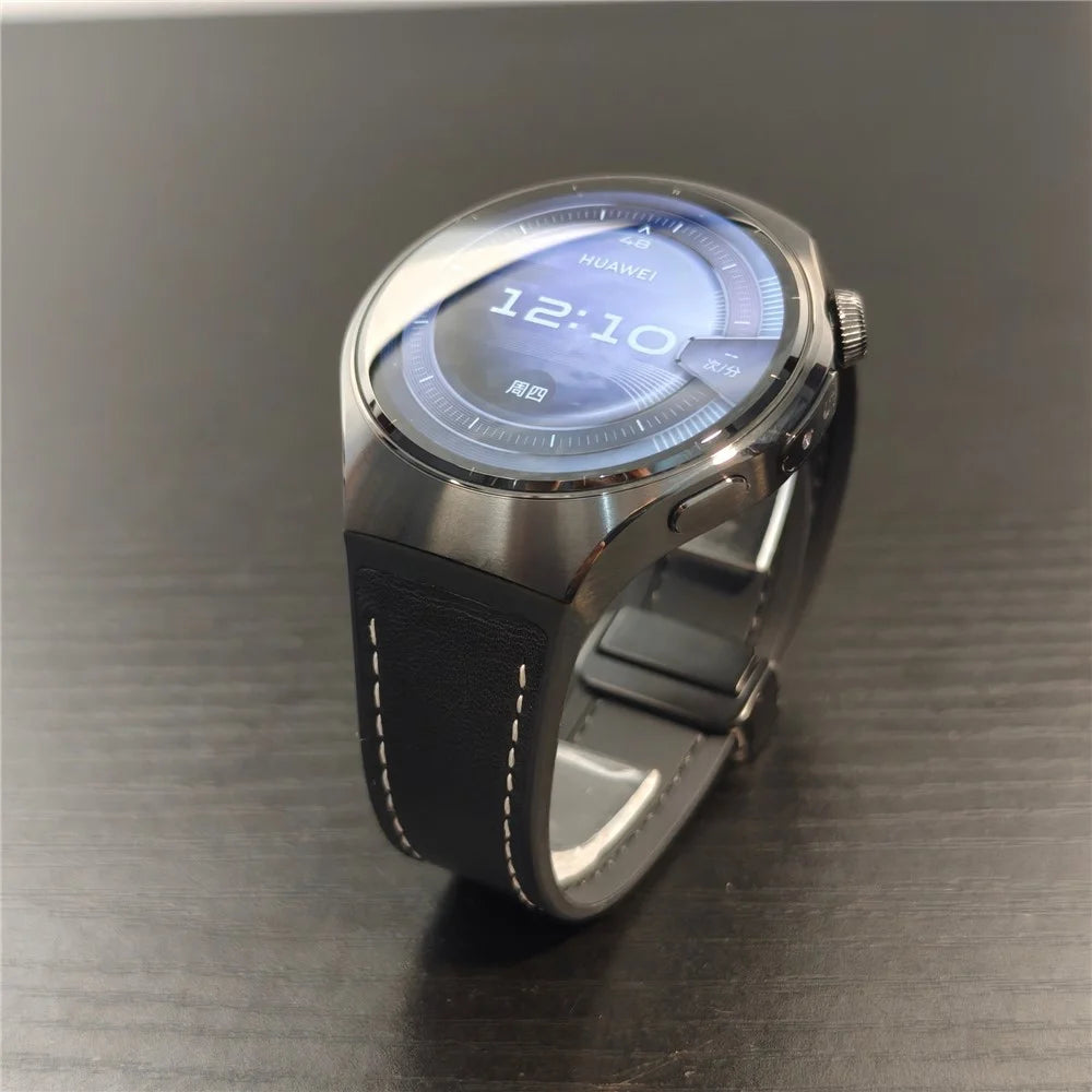 For Huawei Watch 5 46mm Silicone + Genuine Leather Strap Magnetic Folding Buckle Watch Band - Black / Nappa / Black - 3