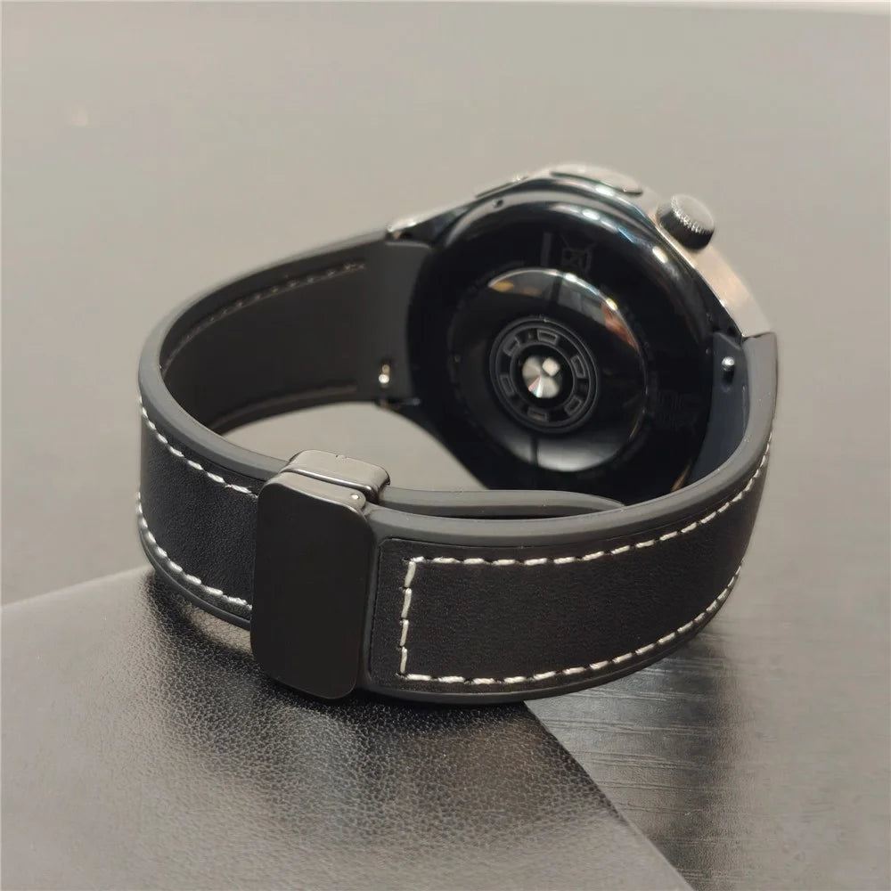 For Huawei Watch 5 46mm Silicone + Genuine Leather Strap Magnetic Folding Buckle Watch Band - Black / Nappa / Black - 4