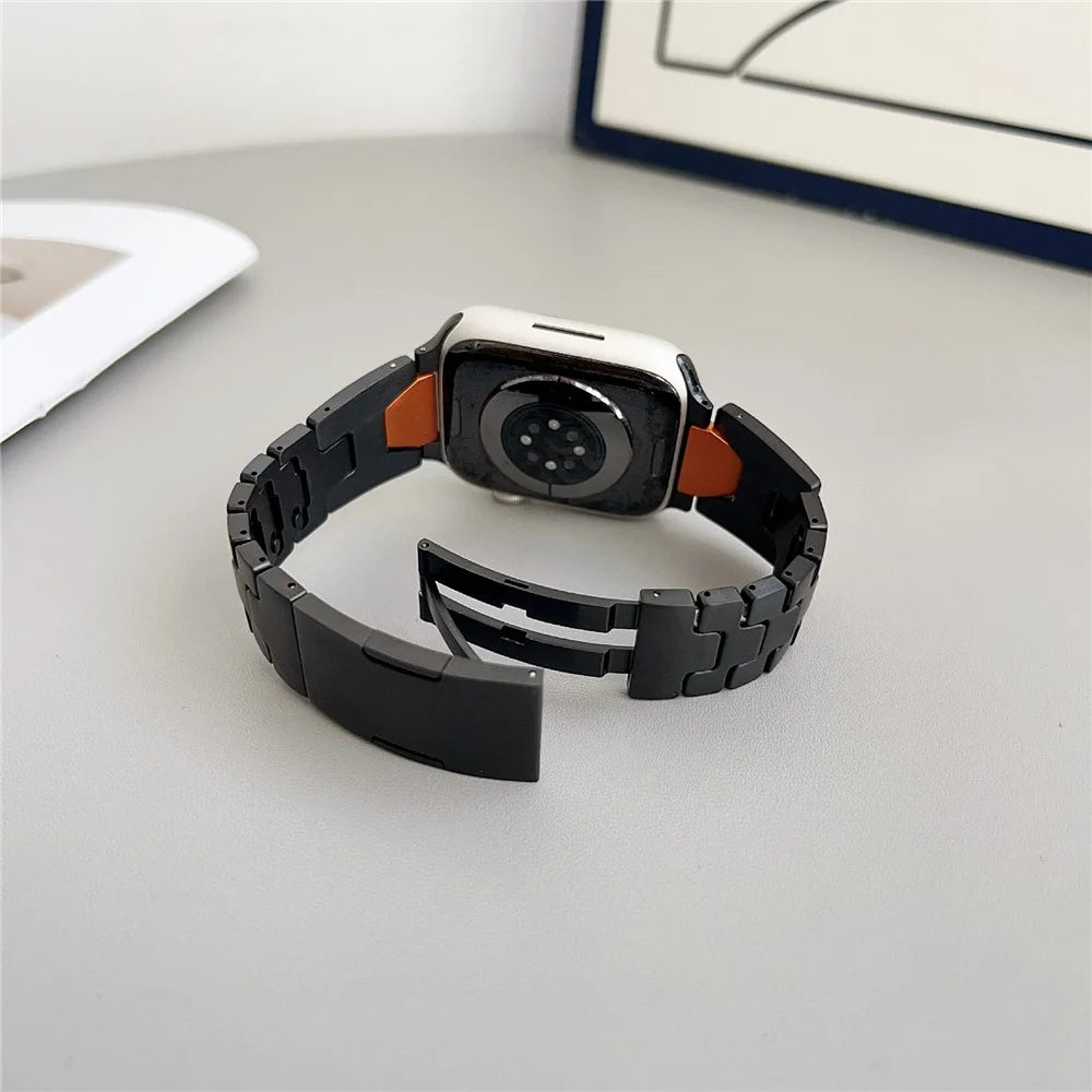 Metal Strap for Apple Watch Ultra 3 2 1 49mm  /  Series 11 10 46mm  /  9 8 7 45mm  /  SE3 SE2 SE 6 5 4 44mm  /  3 2 1 42mm Watch Band - Black / Orange - 4