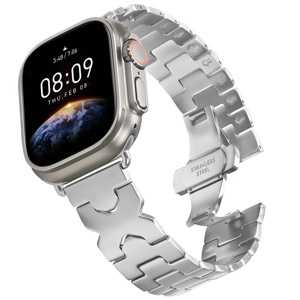 Watch Band for Apple Watch Ultra 3 / 2 / 1 49mm, Series 11 / 10 46mm, 9 / 8 / 7 45mm, SE3 / SE2 / SE / 6 / 5 / 4 44mm, 3 / 2 / 1 42mm Stainless Steel Strap with X-Shaped Butterfly Clasp - Silver - 2