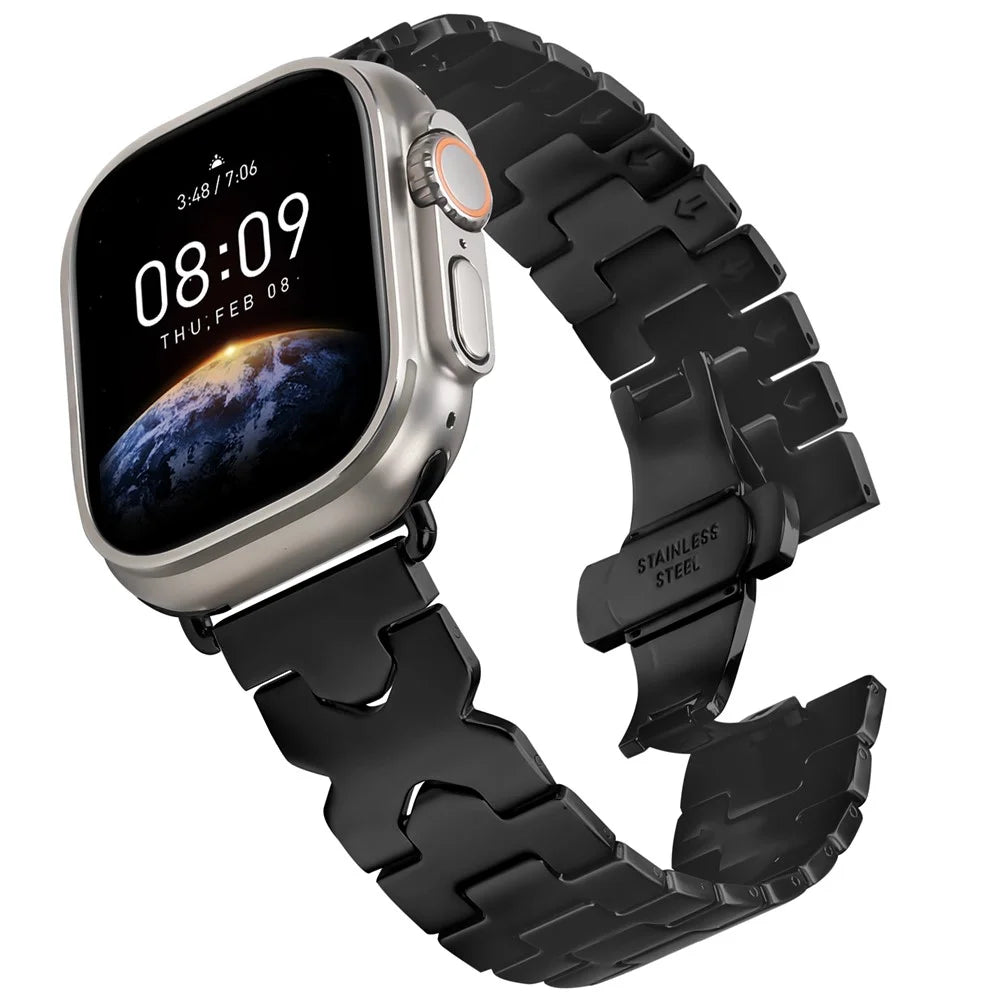 Stainless Steel Watch Band For Apple Watch Ultra 3 2 1 49mm  /  Series 11 10 46mm  /  9 8 7 45mm  /  SE3 SE2 SE 6 5 4 44mm  /  3 2 1 42mm Electroplating Strap with X-Shaped Butterfly Clasp - Black - 2