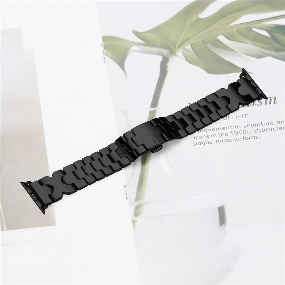 Stainless Steel Watch Band For Apple Watch Ultra 3 2 1 49mm  /  Series 11 10 46mm  /  9 8 7 45mm  /  SE3 SE2 SE 6 5 4 44mm  /  3 2 1 42mm Electroplating Strap with X-Shaped Butterfly Clasp - Black - 6