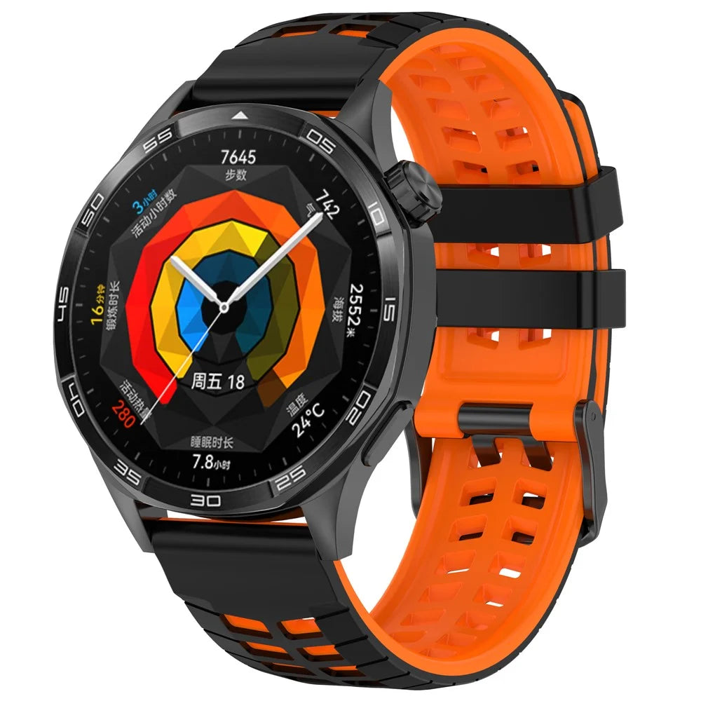 22mm Silicone Band for Huawei Watch GT 5 46mm / GT 5 Pro 46mm / Samsung Galaxy Watch3 45mm Double Row Holes Dual Color Watch Strap - Black / Orange - 2