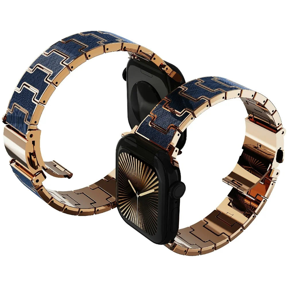 Leather Coated PC Watch Band for Apple Watch Series 11 10 42mm / 9 8 7 41mm / SE3 SE2 SE 6 5 4 40mm / 3 2 1 38mm Business Wrist Strap - Blue / Gold - 2