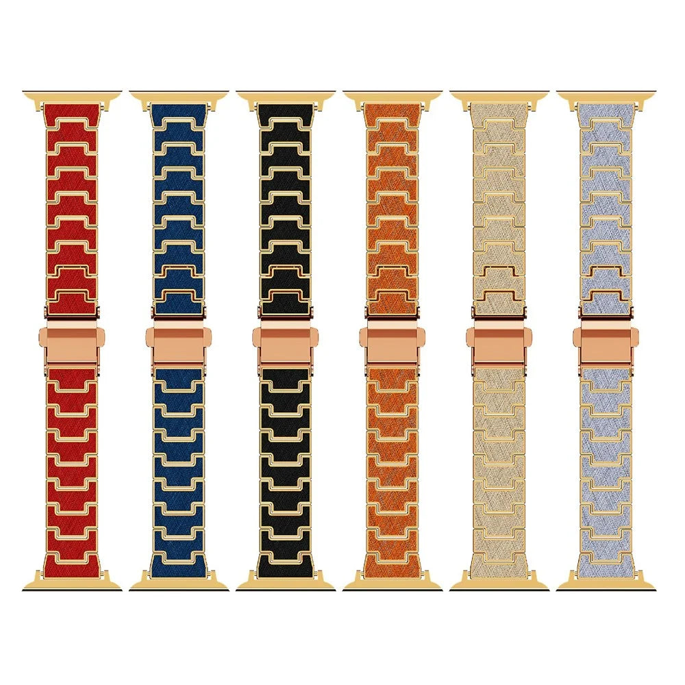 Leather Coated PC Watch Band for Apple Watch Series 11 10 42mm / 9 8 7 41mm / SE3 SE2 SE 6 5 4 40mm / 3 2 1 38mm Business Wrist Strap - Blue / Gold - 5
