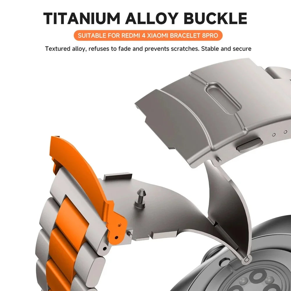 Titanium Alloy Watchband for Xiaomi Smart Band 10 Pro / 9 Pro / 8 Pro / Redmi Watch 6 / 5 / 4 Three Bead Wrist Strap - Titanium / Orange - 2