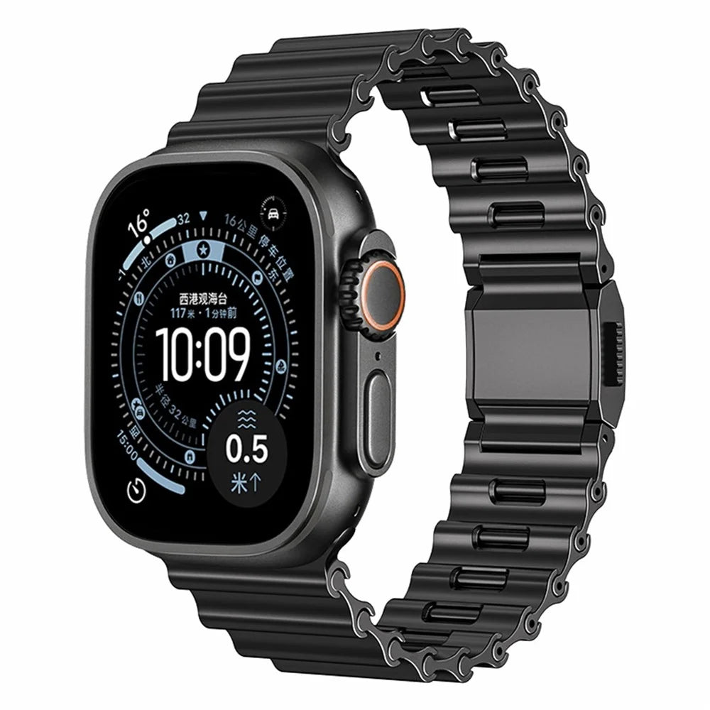 Ocean Wave Watchband for Apple Watch Ultra 3 2 1 49mm / Series 11 10 46mm / 9 8 7 45mm / SE3 SE2 SE 6 5 4 44mm / 3 2 1 42mm Magnetic Stainless Steel Strap - Black - 2