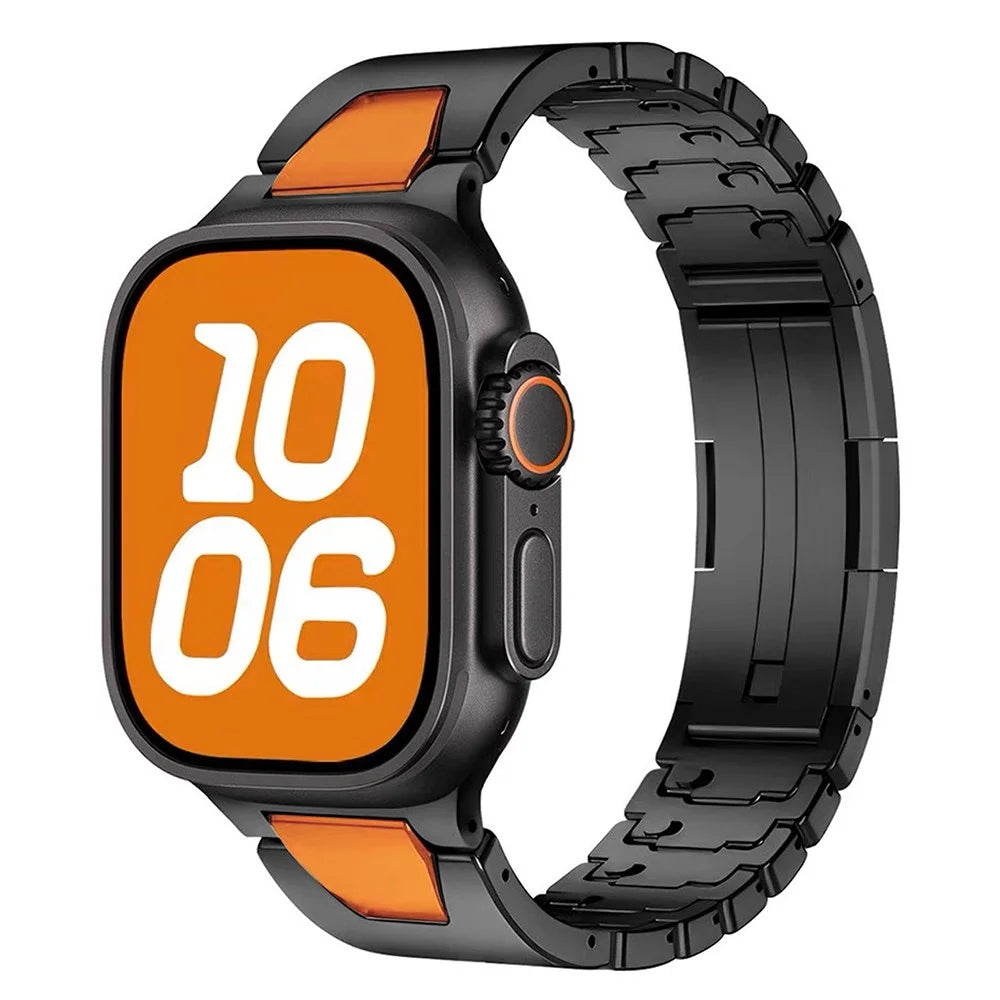 Stainless Steel Watchband for Apple Watch Ultra 3 2 1 49mm / Series 11 10 46mm / 9 8 7 45mm / SE3 SE2 SE 6 5 4 44mm / 3 2 1 42mm H-Shaped Clasp Strap - Black / Orange - 2