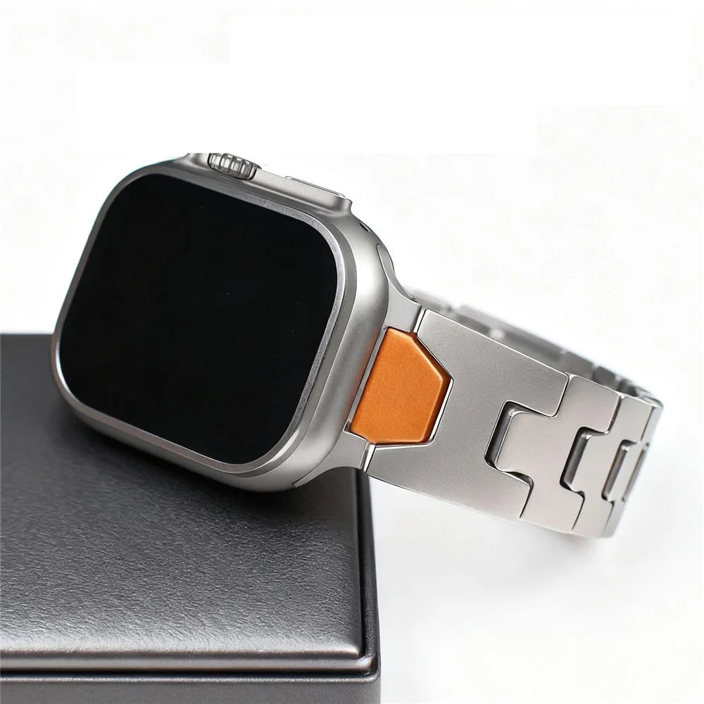Stainless Steel Watchband for Apple Watch Ultra 3 2 1 49mm / Series 11 10 46mm / 9 8 7 45mm / SE3 SE2 SE 6 5 4 44mm / 3 2 1 42mm H-Shaped Clasp Strap - Black / Orange - 3