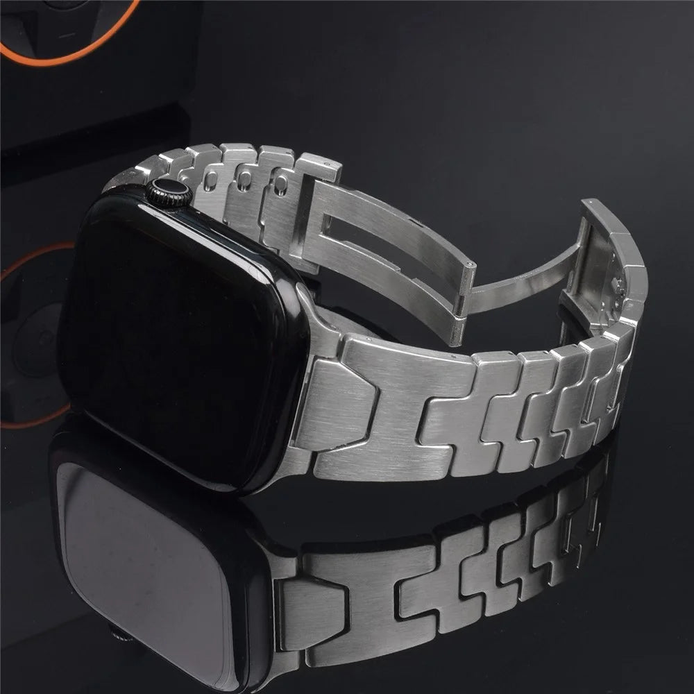 Stainless Steel Watchband for Apple Watch Ultra 3 2 1 49mm / Series 11 10 46mm / 9 8 7 45mm / SE3 SE2 SE 6 5 4 44mm / 3 2 1 42mm H-Shaped Clasp Strap - Black / Orange - 4