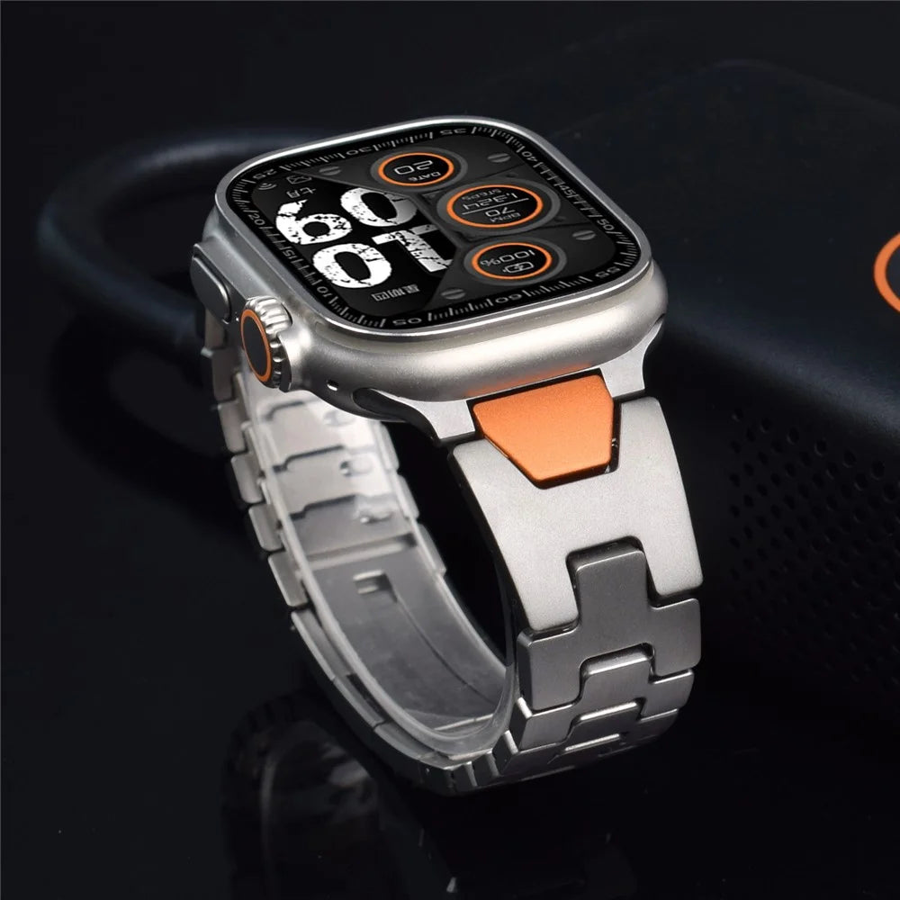Stainless Steel Watchband for Apple Watch Ultra 3 2 1 49mm / Series 11 10 46mm / 9 8 7 45mm / SE3 SE2 SE 6 5 4 44mm / 3 2 1 42mm H-Shaped Clasp Strap - Black / Orange - 5