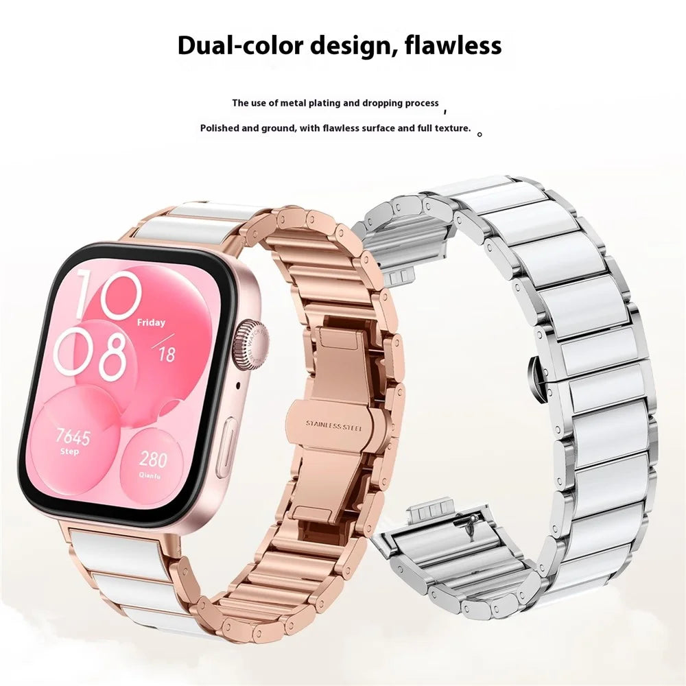 For Huawei Watch Fit Metal Watch Band Imitation Ceramic Butterfly Clasp Wrist Strap - Rose Gold - 4