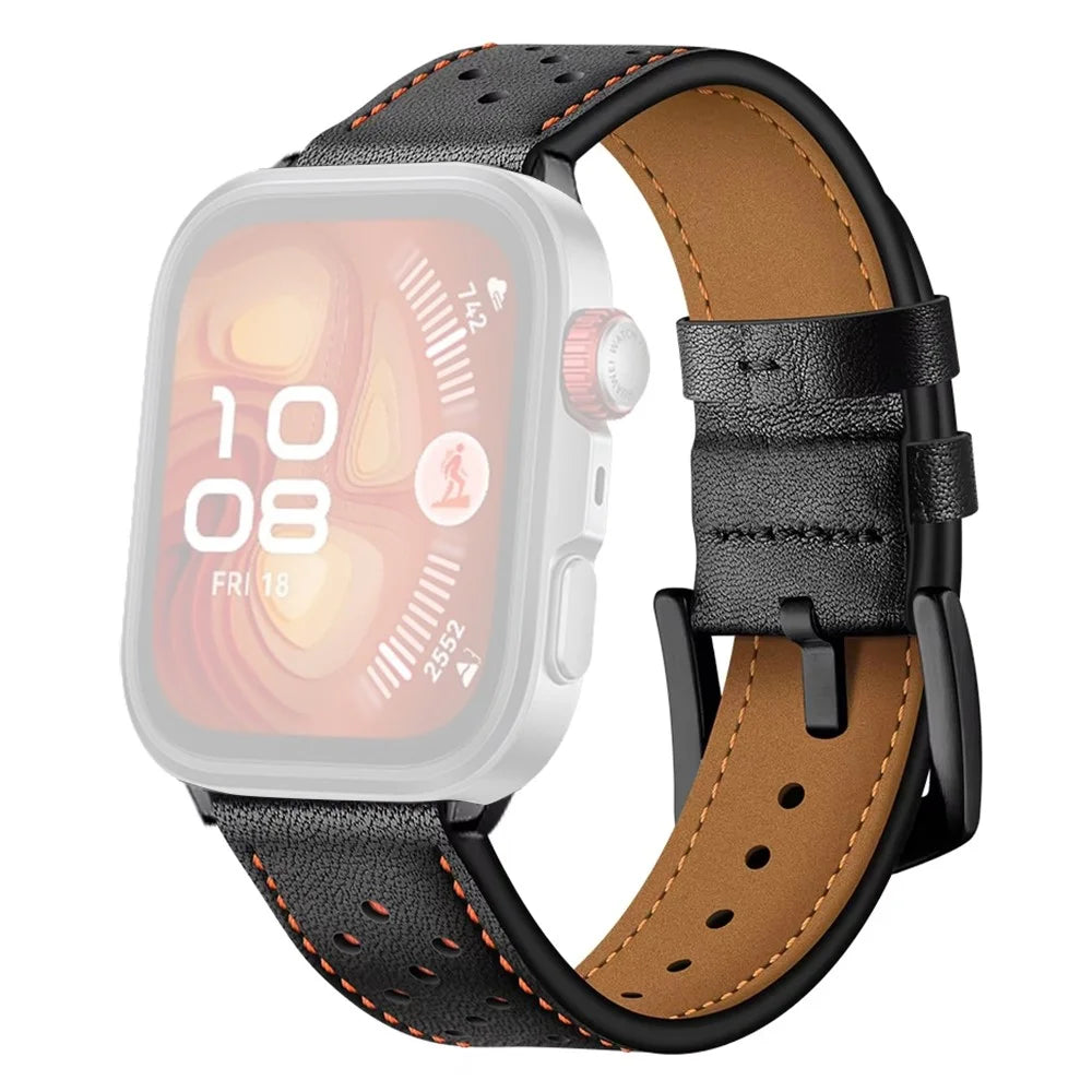 For Huawei Watch Fit 2 Genuine Leather Watch Band Multi-Hole Design Adjustable Strap - Black - 1