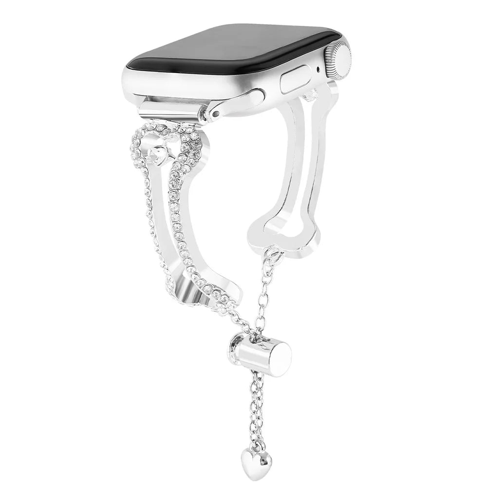 Metal Band For Apple Watch Ultra 3 2 1 49mm  /  Series 11 10 46mm  /  9 8 7 45mm  /  SE3 SE2 SE 6 5 4 44mm  /  3 2 1 42mm Rhinestone Bone Link Bracelet Strap - Silver - 1