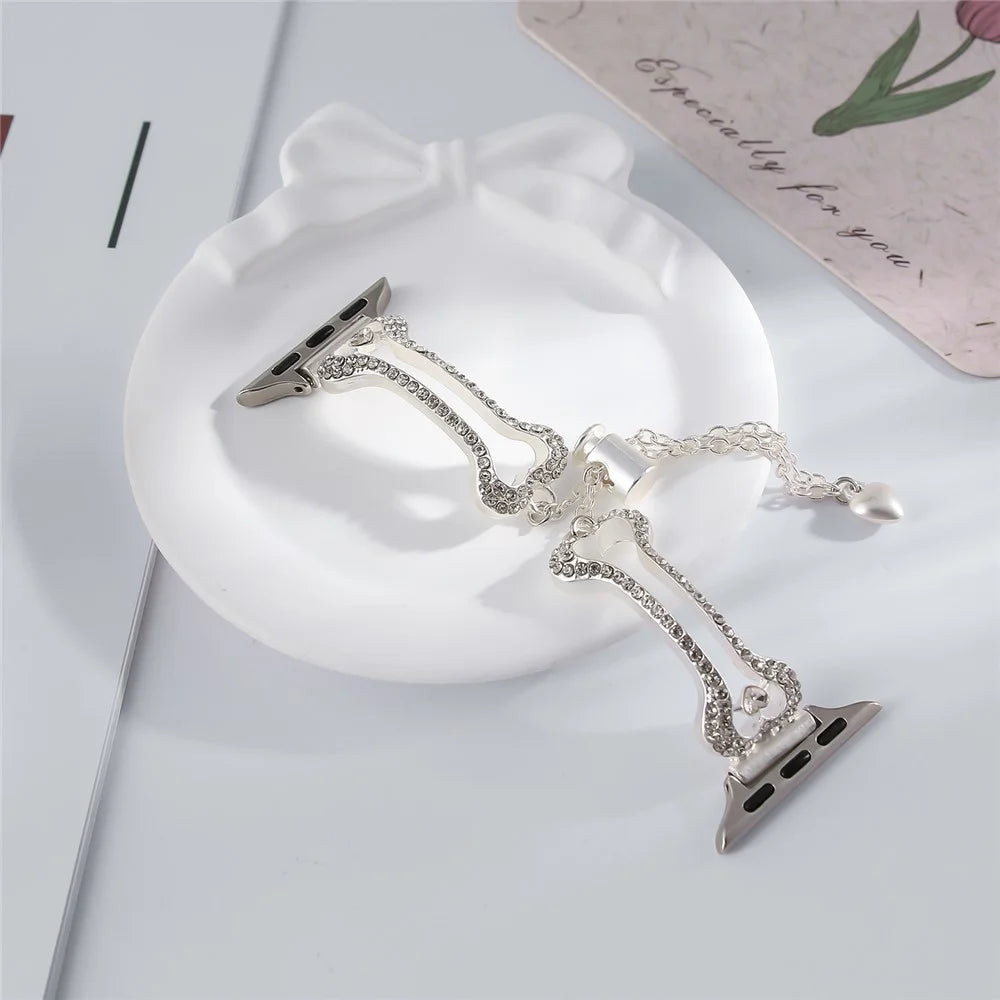 Metal Band For Apple Watch Ultra 3 2 1 49mm  /  Series 11 10 46mm  /  9 8 7 45mm  /  SE3 SE2 SE 6 5 4 44mm  /  3 2 1 42mm Rhinestone Bone Link Bracelet Strap - Silver - 2