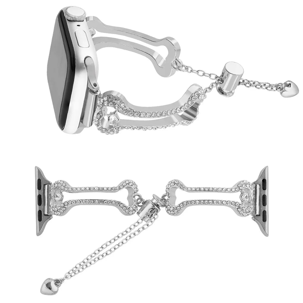 Metal Band For Apple Watch Ultra 3 2 1 49mm  /  Series 11 10 46mm  /  9 8 7 45mm  /  SE3 SE2 SE 6 5 4 44mm  /  3 2 1 42mm Rhinestone Bone Link Bracelet Strap - Silver - 4