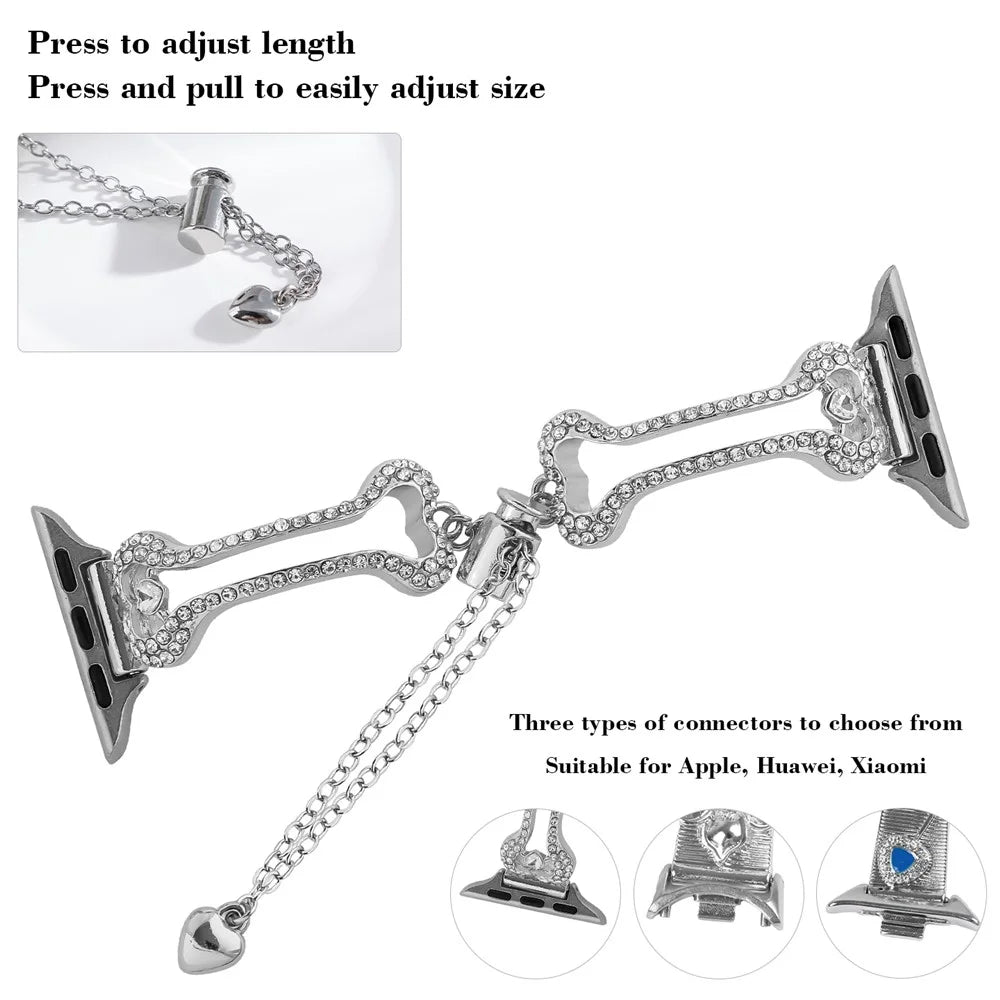 Metal Band For Apple Watch Ultra 3 2 1 49mm  /  Series 11 10 46mm  /  9 8 7 45mm  /  SE3 SE2 SE 6 5 4 44mm  /  3 2 1 42mm Rhinestone Bone Link Bracelet Strap - Silver - 5
