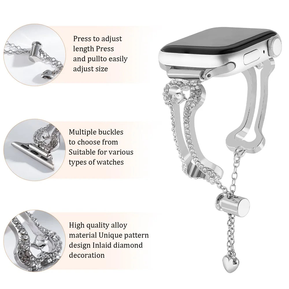 Metal Band For Apple Watch Ultra 3 2 1 49mm  /  Series 11 10 46mm  /  9 8 7 45mm  /  SE3 SE2 SE 6 5 4 44mm  /  3 2 1 42mm Rhinestone Bone Link Bracelet Strap - Silver - 6