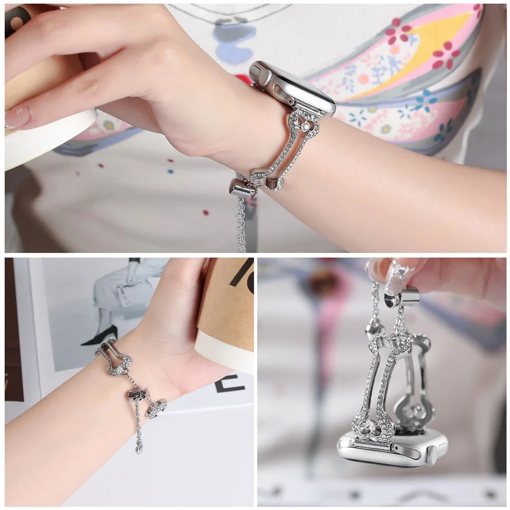 Metal Band For Apple Watch Ultra 3 2 1 49mm  /  Series 11 10 46mm  /  9 8 7 45mm  /  SE3 SE2 SE 6 5 4 44mm  /  3 2 1 42mm Rhinestone Bone Link Bracelet Strap - Silver - 7
