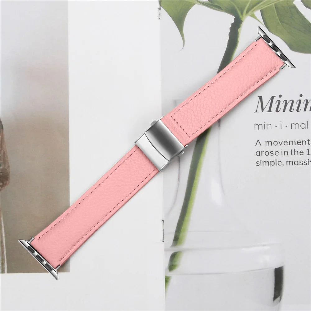 Genuine Leather Watch Band for Apple Watch Series 11 10 42mm  /  9 8 7 41mm  /  SE3 SE2 SE 6 5 4 40mm  /  3 2 1 38mm Turtle Back Buckle Wrist Strap with Silver Connector - Pink - 5