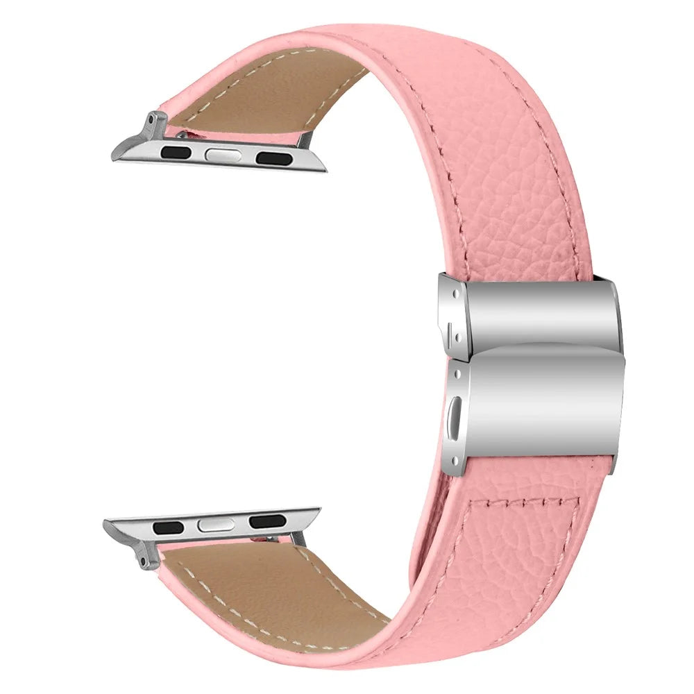 Genuine Leather Watch Band for Apple Watch Ultra 3 2 1 49mm  /  Series 11 10 46mm  /  9 8 7 45mm  /  SE3 SE2 SE 6 5 4 44mm  /  3 2 1 42mm Turtle Back Buckle Wrist Strap with Silver Connector - Pink - 1
