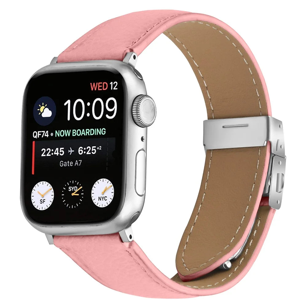 Genuine Leather Watch Band for Apple Watch Ultra 3 2 1 49mm  /  Series 11 10 46mm  /  9 8 7 45mm  /  SE3 SE2 SE 6 5 4 44mm  /  3 2 1 42mm Turtle Back Buckle Wrist Strap with Silver Connector - Pink - 2