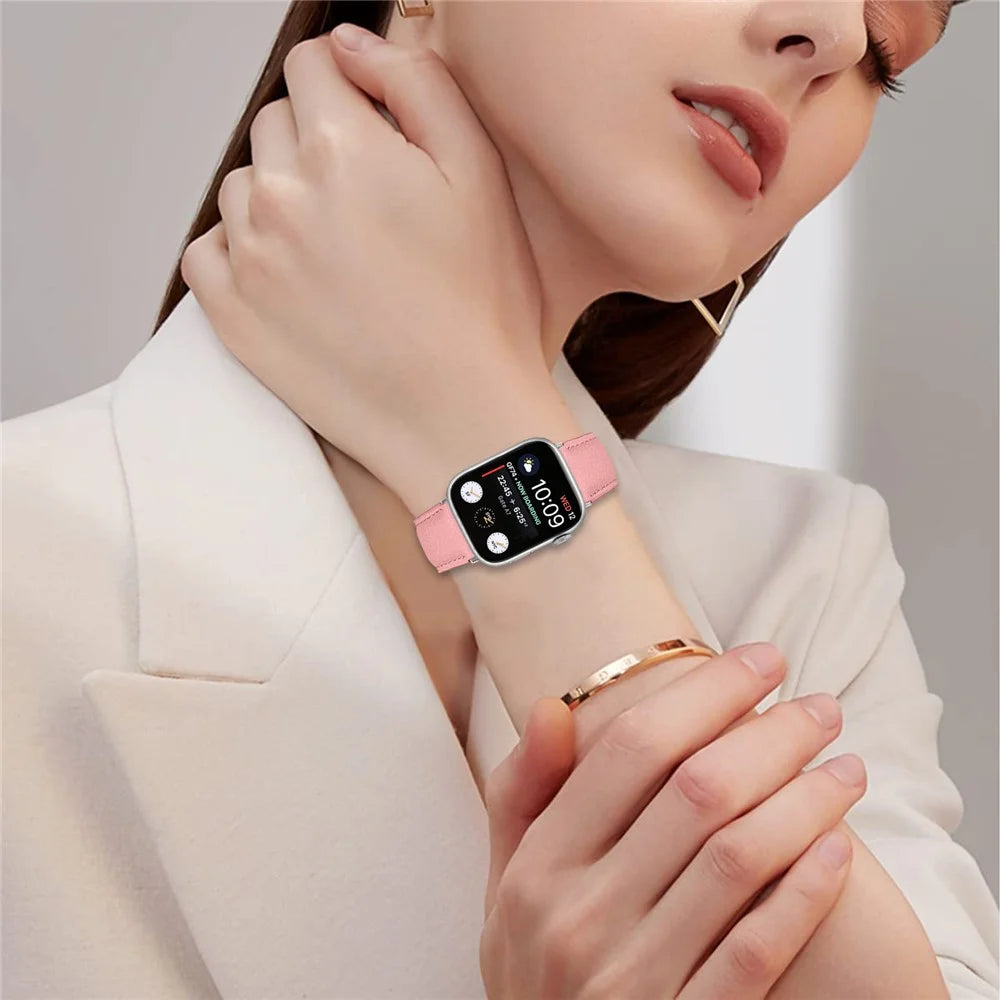 Genuine Leather Watch Band for Apple Watch Ultra 3 2 1 49mm  /  Series 11 10 46mm  /  9 8 7 45mm  /  SE3 SE2 SE 6 5 4 44mm  /  3 2 1 42mm Turtle Back Buckle Wrist Strap with Silver Connector - Pink - 3