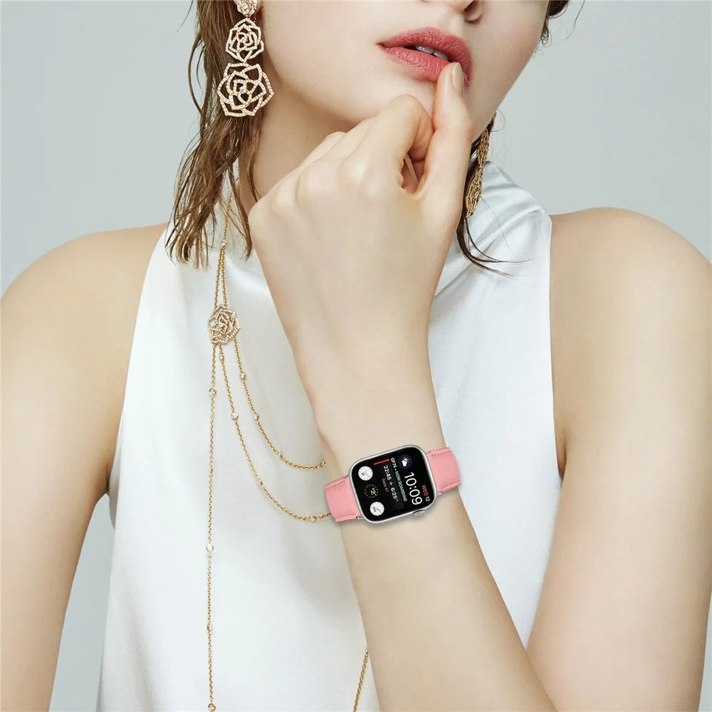 Genuine Leather Watch Band for Apple Watch Ultra 3 2 1 49mm  /  Series 11 10 46mm  /  9 8 7 45mm  /  SE3 SE2 SE 6 5 4 44mm  /  3 2 1 42mm Turtle Back Buckle Wrist Strap with Silver Connector - Pink - 4