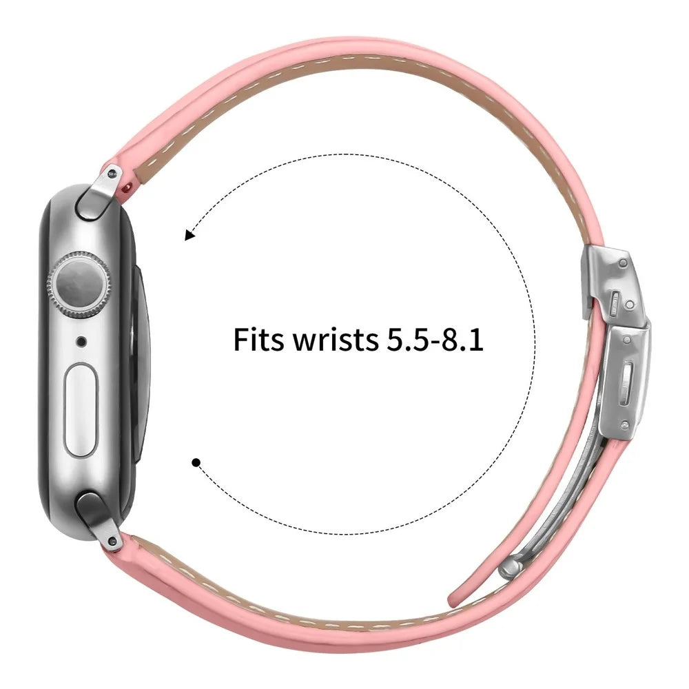 Genuine Leather Watch Band for Apple Watch Ultra 3 2 1 49mm  /  Series 11 10 46mm  /  9 8 7 45mm  /  SE3 SE2 SE 6 5 4 44mm  /  3 2 1 42mm Turtle Back Buckle Wrist Strap with Silver Connector - Pink - 6