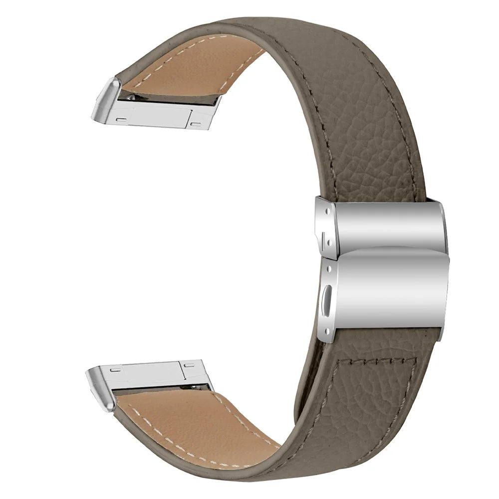 For Fitbit Versa 3  /  Sense Genuine Leather Watch Band with Silver Connector Turtle Back Buckle Wrist Strap - Grey - 1