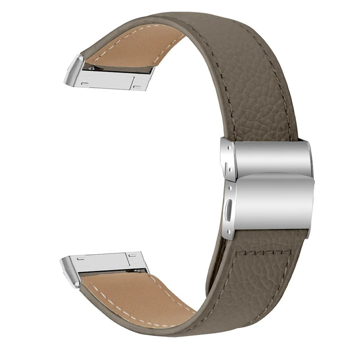 For Fitbit Versa 3  /  Sense Genuine Leather Watch Band with Silver Connector Turtle Back Buckle Wrist Strap - Grey - 1