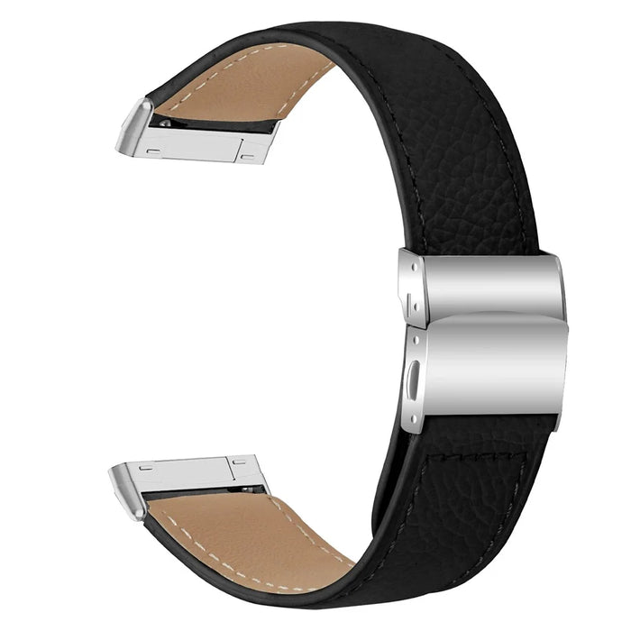 For Fitbit Versa 4  /  Sense 2 Genuine Leather Watch Band with Silver Connector Turtle Back Buckle Wrist Strap - Black - 1