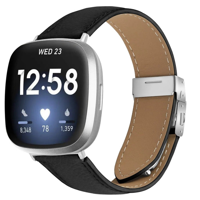 For Fitbit Versa 4  /  Sense 2 Genuine Leather Watch Band with Silver Connector Turtle Back Buckle Wrist Strap - Black - 2