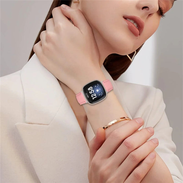 For Fitbit Versa 4  /  Sense 2 Genuine Leather Watch Band with Silver Connector Turtle Back Buckle Wrist Strap - Black - 3
