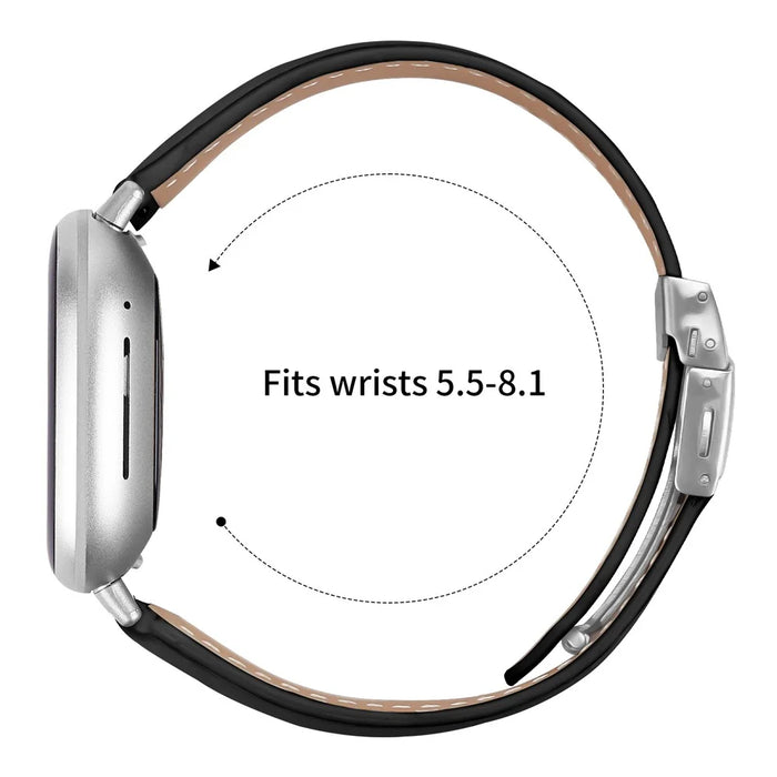 For Fitbit Versa 4  /  Sense 2 Genuine Leather Watch Band with Silver Connector Turtle Back Buckle Wrist Strap - Black - 6