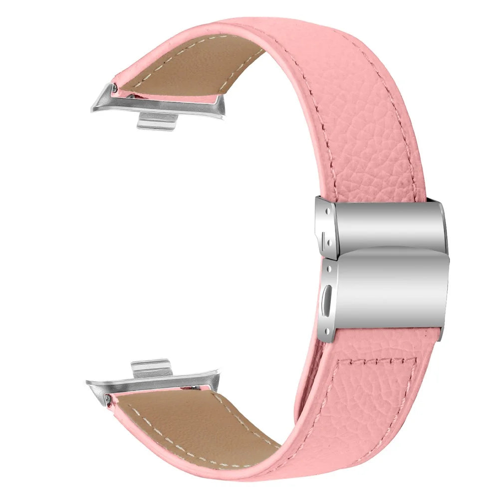For Xiaomi Smart Band 10 Pro / 9 Pro / 8 Pro / Redmi Watch 6 / 5 / 4 Genuine Leather Watch Band with Silver Connector Turtle Back Buckle Wrist Strap - Pink - 1