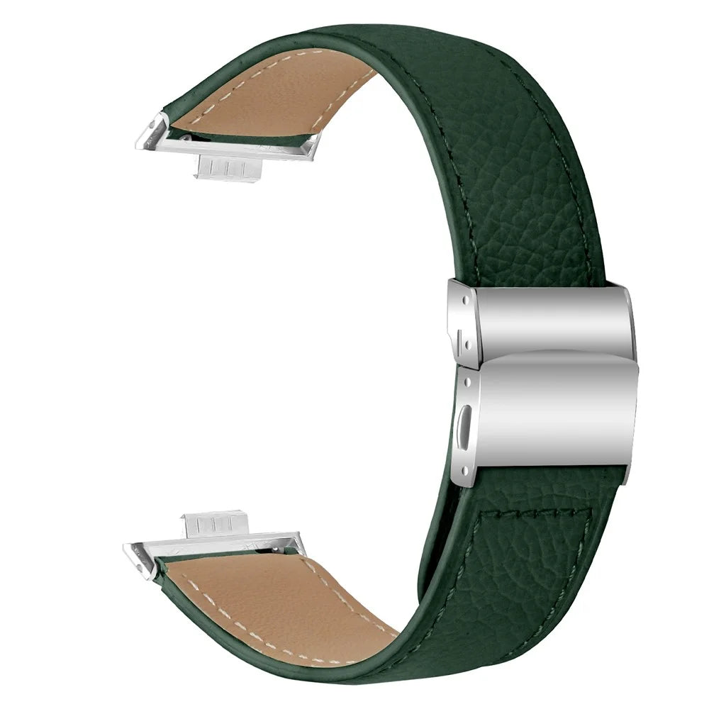Wrist Strap For Huawei Watch Fit 3  /  Fit 4  /  Fit 4 Pro Genuine Leather Watch Band with Silver Connector Turtle Back Buckle - Green - 1