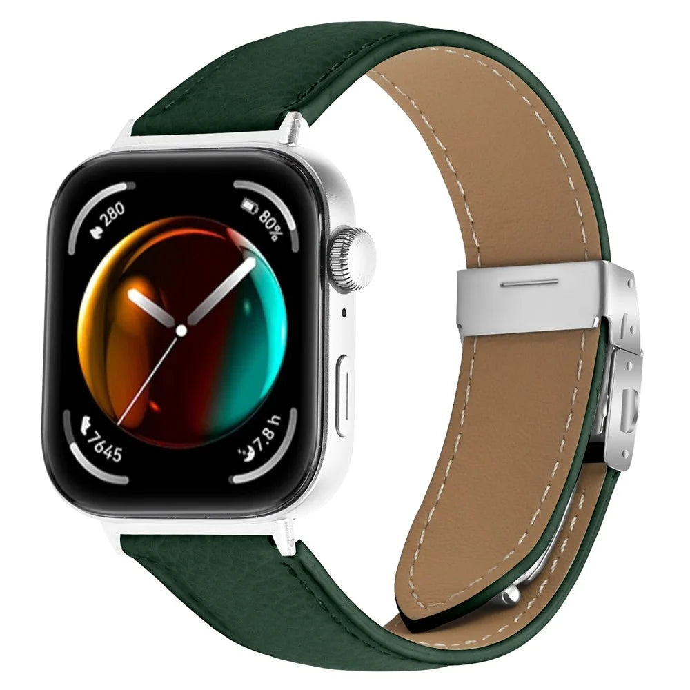 Wrist Strap For Huawei Watch Fit 3  /  Fit 4  /  Fit 4 Pro Genuine Leather Watch Band with Silver Connector Turtle Back Buckle - Green - 2
