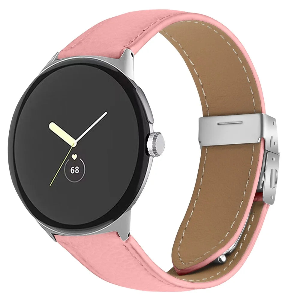 Wrist Strap For Google Pixel Watch 4 41mm / Watch 3 41mm / Watch 2 / Watch Genuine Leather Watch Band with Silver Connector Turtle Back Buckle - Pink - 2