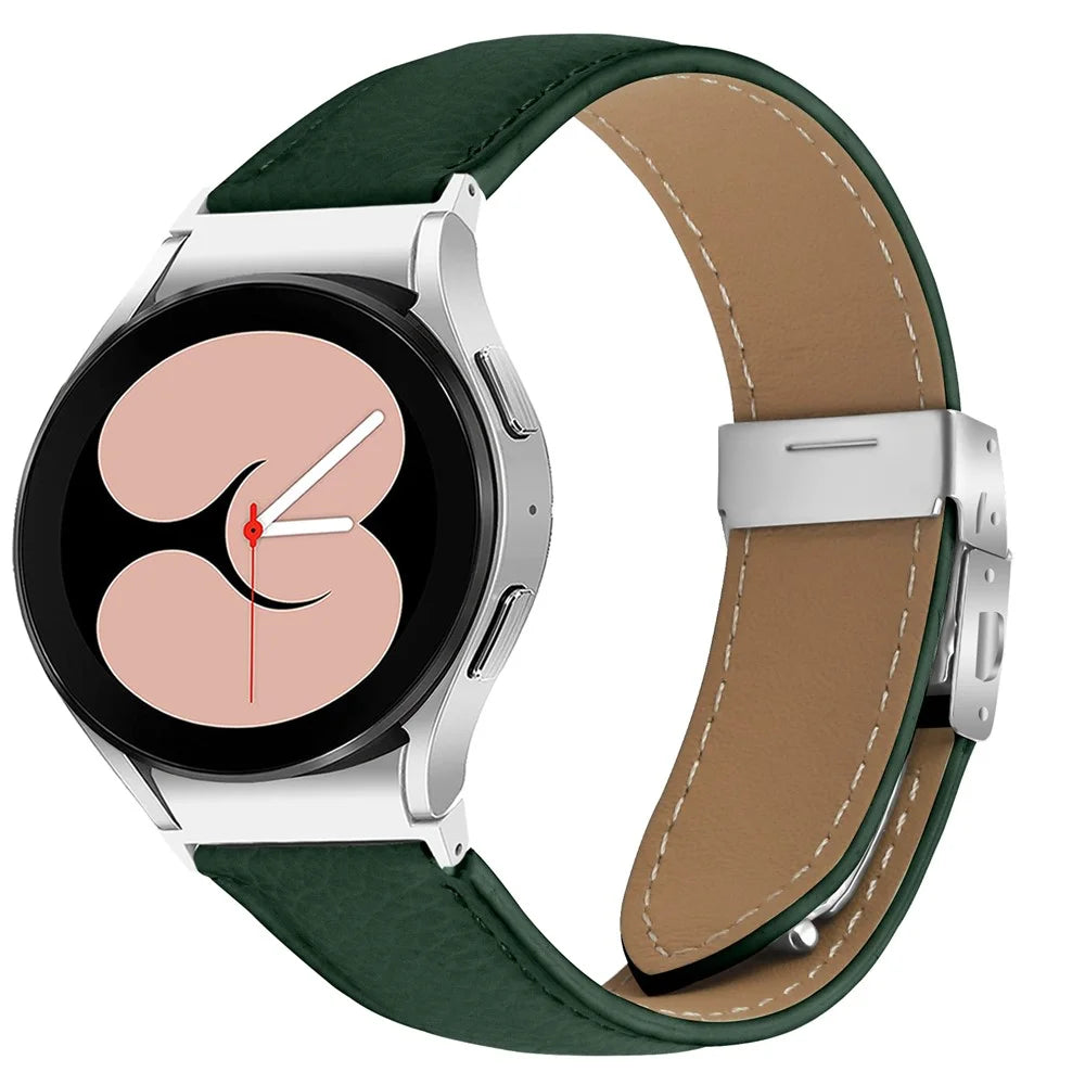 Wrist Strap with Silver Professional Connector For Samsung Galaxy Watch7 40mm  /  44mm Genuine Leather Watch Band - Green - 2