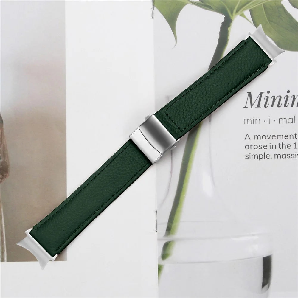 Wrist Strap with Silver Professional Connector For Samsung Galaxy Watch7 40mm  /  44mm Genuine Leather Watch Band - Green - 5