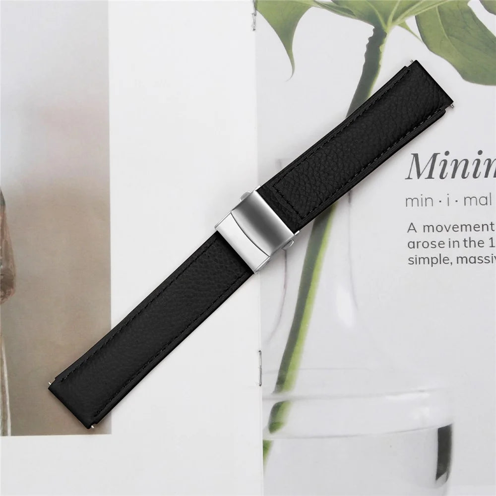 Wrist Strap For Samsung Galaxy Watch3 41mm  /  Active 2 40mm  /  44mm Genuine Leather Watch Band with Silver Connector Turtle Back Buckle - Black - 5