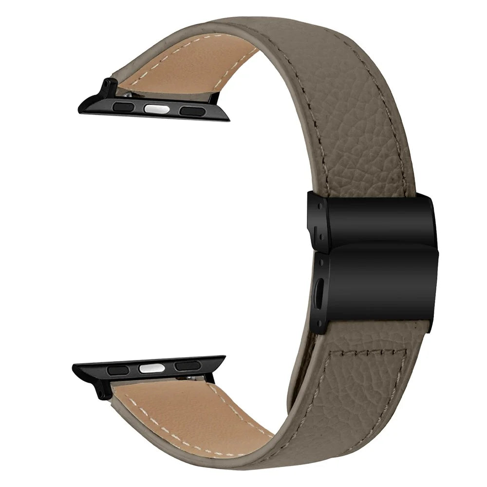 Wrist Strap with Black Connector for Apple Watch Series 11 10 42mm  /  9 8 7 41mm  /  SE3 SE2 SE 6 5 4 40mm  /  3 2 1 38mm Genuine Leather Watch Band Turtle Back Buckle - Grey - 1