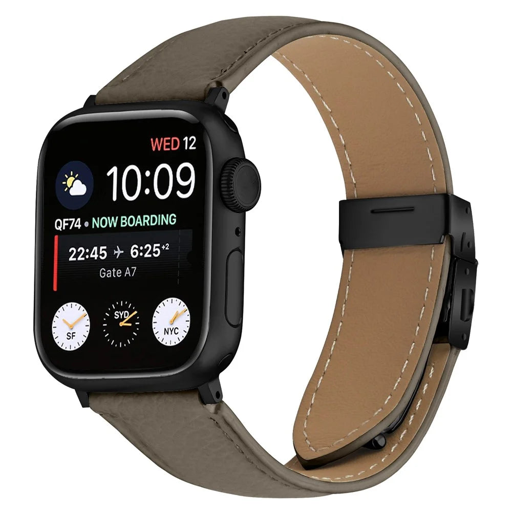 Wrist Strap with Black Connector for Apple Watch Series 11 10 42mm  /  9 8 7 41mm  /  SE3 SE2 SE 6 5 4 40mm  /  3 2 1 38mm Genuine Leather Watch Band Turtle Back Buckle - Grey - 2