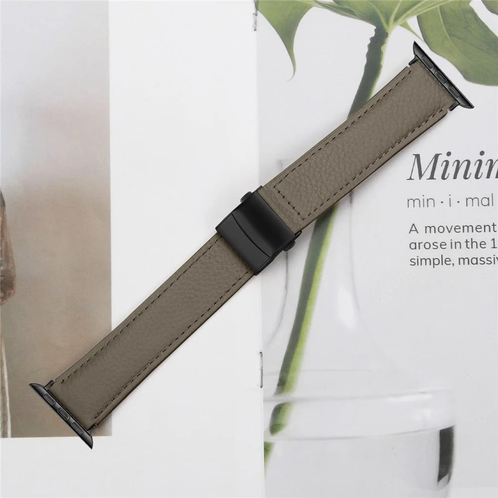 Wrist Strap with Black Connector for Apple Watch Series 11 10 42mm  /  9 8 7 41mm  /  SE3 SE2 SE 6 5 4 40mm  /  3 2 1 38mm Genuine Leather Watch Band Turtle Back Buckle - Grey - 5